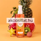 La Rive Happy Vibes 200ml-es vegán test- és hajpermet magas, átlátszó flakonja narancssárga illatfolyadékkal, citrus grafikával és áttetsző műanyag kupakkal.
