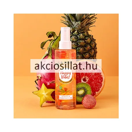 La Rive Happy Vibes 200ml-es vegán test- és hajpermet magas, átlátszó flakonja narancssárga illatfolyadékkal, citrus grafikával és áttetsző műanyag kupakkal.