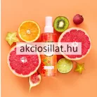 La Rive Happy Vibes 200ml-es vegán test- és hajpermet magas, átlátszó flakonja narancssárga illatfolyadékkal, citrus grafikával és áttetsző műanyag kupakkal.