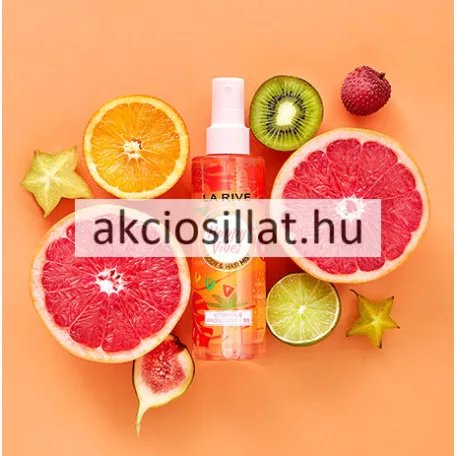 La Rive Happy Vibes 200ml-es vegán test- és hajpermet magas, átlátszó flakonja narancssárga illatfolyadékkal, citrus grafikával és áttetsző műanyag kupakkal.