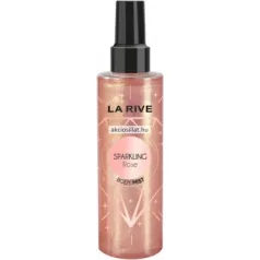 La Rive Sparkling Rose 200ml-es vegán csillámos testpermet átlátszó flakonja sűrű arany-rózsaszín csillámló folyadékkal, gyémánt mintás grafikával és fekete kupakkal.