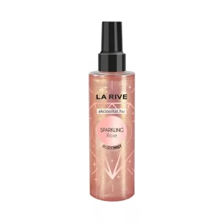 La Rive Sparkling Rose 200ml-es vegán csillámos testpermet átlátszó flakonja sűrű arany-rózsaszín csillámló folyadékkal, gyémánt mintás grafikával és fekete kupakkal.