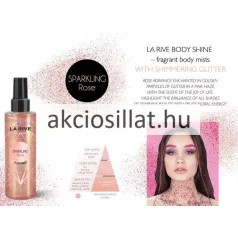 La Rive Sparkling Rose 200ml-es vegán csillámos testpermet átlátszó flakonja sűrű arany-rózsaszín csillámló folyadékkal, gyémánt mintás grafikával és fekete kupakkal.