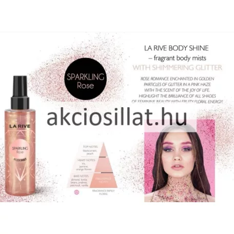 La Rive Sparkling Rose 200ml-es vegán csillámos testpermet átlátszó flakonja sűrű arany-rózsaszín csillámló folyadékkal, gyémánt mintás grafikával és fekete kupakkal.