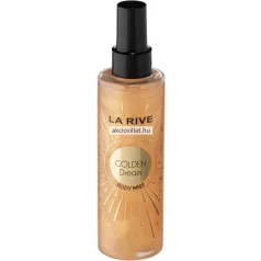 La Rive Golden Dream 200ml-es vegán csillámos testpermet magas, átlátszó flakonja aranyló csillogó folyadékkal, napsugár mintával és fekete kupakkal.