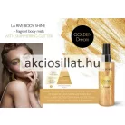 La Rive Golden Dream 200ml-es vegán csillámos testpermet magas, átlátszó flakonja aranyló csillogó folyadékkal, napsugár mintával és fekete kupakkal.