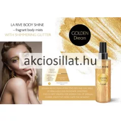 La Rive Golden Dream 200ml-es vegán csillámos testpermet magas, átlátszó flakonja aranyló csillogó folyadékkal, napsugár mintával és fekete kupakkal.