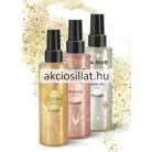 La Rive Golden Dream 200ml-es vegán csillámos testpermet magas, átlátszó flakonja aranyló csillogó folyadékkal, napsugár mintával és fekete kupakkal.