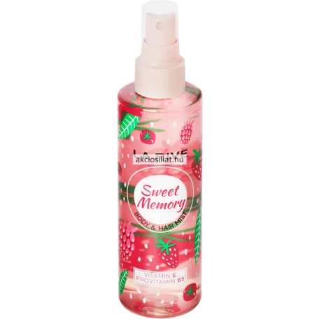 La Rive Sweet Memory 200ml-es női test- és hajpermet magas, átlátszó flakonja szamóca és málna grafikákkal, halványrózsaszín fújófejjel és áttetsző kupakkal.