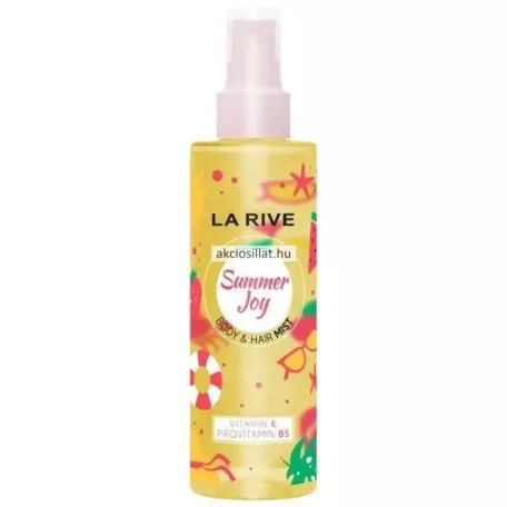 La Rive Summer Joy 200ml-es női testpermet magas, átlátszó flakonja napsárga illatfolyadékkal, vidám tengerparti mintákkal és áttetsző műanyag kupakkal.