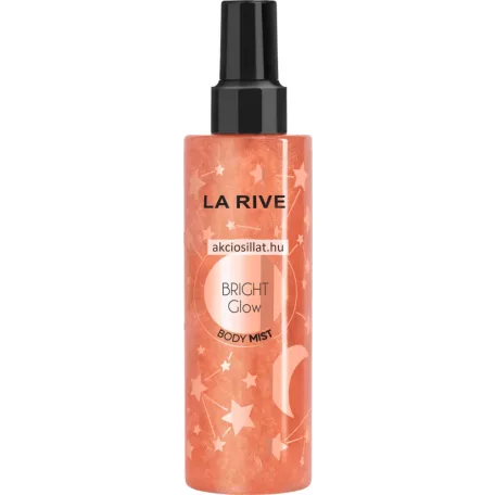 La Rive Bright Glow 200ml-es női csillámos testpermet magas, átlátszó flakonja csillagmintákkal, bronzos csillogó folyadékkal és fekete kupakkal.