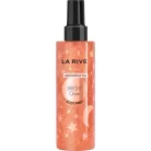 La Rive Bright Glow 200ml-es női csillámos testpermet magas, átlátszó flakonja csillagmintákkal, bronzos csillogó folyadékkal és fekete kupakkal.