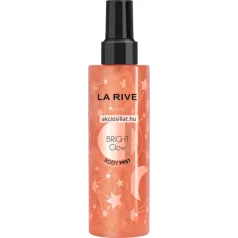 La Rive Bright Glow 200ml-es női csillámos testpermet magas, átlátszó flakonja csillagmintákkal, bronzos csillogó folyadékkal és fekete kupakkal.
