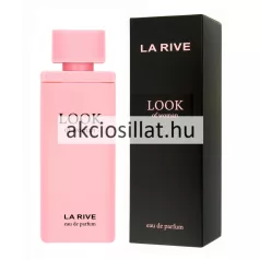 La Rive Look of Woman 75ml-es női Eau de Parfum szögletes, átlátszatlan pasztellrózsaszín üvege és kupakja, mellette a hozzá tartozó matt fekete gyári díszdoboz rózsaszín feliratokkal.