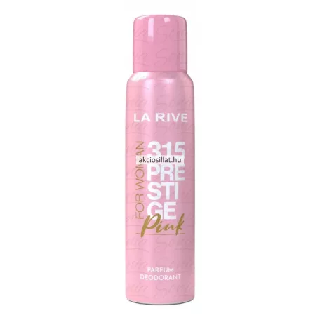 Az akciosillat.hu kínálatában szereplő La Rive 315 Prestige Pink dezodor 150ml fotóján a hengeres alakú, selymes rózsaszín színű női parfümspray flakon látható fehér betűs La Rive és 315 Prestige feliratokkal, valamint arany színű Pink megjelöléssel.
