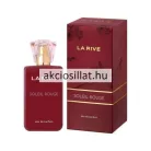 La Rive Soleil Rouge 90ml-es női parfüm álló letisztult szögletes matt bordó színű üvegflakonban előlapján fényes arany színű LA RIVE és SOLEIL ROUGE feliratokkal alul eau de parfum jelöléssel tetején kristályszerűen csiszolt teljesen átlátszó műanyag kupakkal valamint mellette jobbra a hozzá tartozó ugyanilyen mélybordó színű díszdobozzal melyen diszkrét sötétebb virágminták arany színű csíkozás és arany betűs feliratok láthatóak