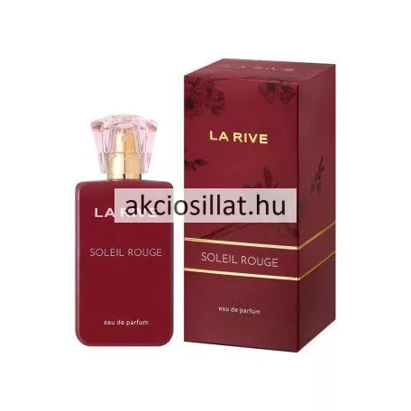 La Rive Soleil Rouge 90ml-es női parfüm álló letisztult szögletes matt bordó színű üvegflakonban előlapján fényes arany színű LA RIVE és SOLEIL ROUGE feliratokkal alul eau de parfum jelöléssel tetején kristályszerűen csiszolt teljesen átlátszó műanyag kupakkal valamint mellette jobbra a hozzá tartozó ugyanilyen mélybordó színű díszdobozzal melyen diszkrét sötétebb virágminták arany színű csíkozás és arany betűs feliratok láthatóak