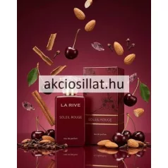 La Rive Soleil Rouge 90ml-es női parfüm álló letisztult szögletes matt bordó színű üvegflakonban előlapján fényes arany színű LA RIVE és SOLEIL ROUGE feliratokkal alul eau de parfum jelöléssel tetején kristályszerűen csiszolt teljesen átlátszó műanyag kupakkal valamint mellette jobbra a hozzá tartozó ugyanilyen mélybordó színű díszdobozzal melyen diszkrét sötétebb virágminták arany színű csíkozás és arany betűs feliratok láthatóak
