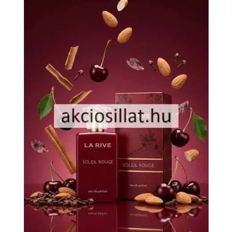 La Rive Soleil Rouge 90ml-es női parfüm álló letisztult szögletes matt bordó színű üvegflakonban előlapján fényes arany színű LA RIVE és SOLEIL ROUGE feliratokkal alul eau de parfum jelöléssel tetején kristályszerűen csiszolt teljesen átlátszó műanyag kupakkal valamint mellette jobbra a hozzá tartozó ugyanilyen mélybordó színű díszdobozzal melyen diszkrét sötétebb virágminták arany színű csíkozás és arany betűs feliratok láthatóak