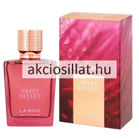 La Rive Sweet Velvet 90ml EDP női parfüm üvege és doboza a Carolina Herrera La Bomba jellegzetes tónusaival.