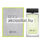 A Bi-Es B33 EDT 90ml - Hermes H 24 parfüm utánzat.jpg képen a férfi parfüm szögletes, átlátszó üvegflakonja látható halványzöld folyadékkal és fekete kupakkal, a fahatású szürke gyári doboza mellett.