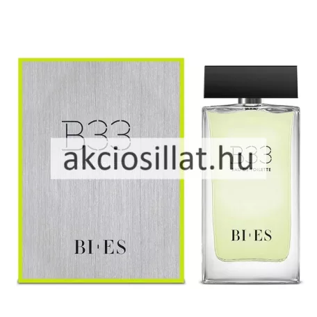 A Bi-Es B33 EDT 90ml - Hermes H 24 parfüm utánzat.jpg képen a férfi parfüm szögletes, átlátszó üvegflakonja látható halványzöld folyadékkal és fekete kupakkal, a fahatású szürke gyári doboza mellett.