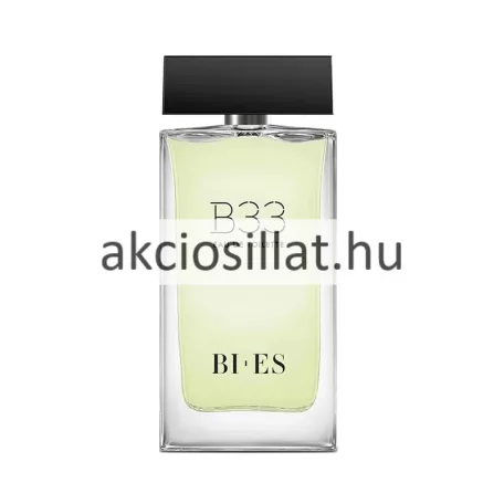 A Bi-Es B33 EDT 90ml - Hermes H 24 parfüm utánzat.jpg képen a férfi parfüm szögletes, átlátszó üvegflakonja látható halványzöld folyadékkal és fekete kupakkal, a fahatású szürke gyári doboza mellett.