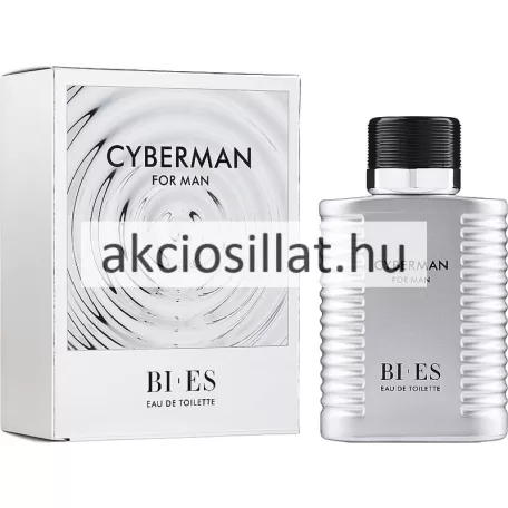 A Bi-Es Cyberman EDT 100ml Paco Rabanne Phantom parfüm utánzat.jpg képen a férfi Eau de Toilette ezüst színű, bordázott oldalú flakonja látható fekete kupakkal, a fehér színű gyári doboza mellett.