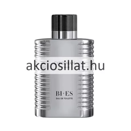 A Bi-Es Cyberman EDT 100ml Paco Rabanne Phantom parfüm utánzat.jpg képen a férfi Eau de Toilette ezüst színű, bordázott oldalú flakonja látható fekete kupakkal, a fehér színű gyári doboza mellett.
