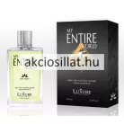 Luxure My Entire World for Men 100ml-es férfi parfüm átlátszó szögletes üvegben világoszöld színű parfümmel fekete feliratokkal és ezüst színű hengeres kupakkal valamint mellette egy hozzá tartozó fekete színű díszdoboz közepén arany mintás rombusszal és ezüst My Entire World felirattal