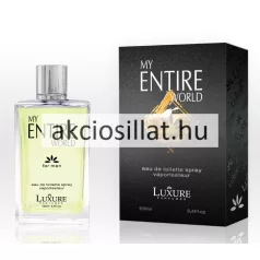 Luxure My Entire World for Men 100ml-es férfi parfüm átlátszó szögletes üvegben világoszöld színű parfümmel fekete feliratokkal és ezüst színű hengeres kupakkal valamint mellette egy hozzá tartozó fekete színű díszdoboz közepén arany mintás rombusszal és ezüst My Entire World felirattal