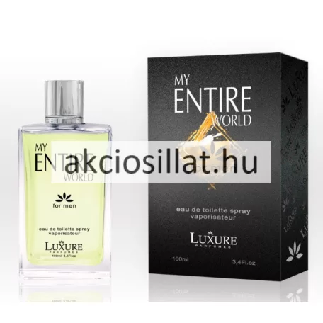 Luxure My Entire World for Men 100ml-es férfi parfüm átlátszó szögletes üvegben világoszöld színű parfümmel fekete feliratokkal és ezüst színű hengeres kupakkal valamint mellette egy hozzá tartozó fekete színű díszdoboz közepén arany mintás rombusszal és ezüst My Entire World felirattal