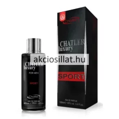 Chatler Armand Luxury Sport Men 100ml-es férfi parfüm hengeres fekete üvegben ezüst színű kupakkal fekete és vörös feliratokkal valamint mellette egy hozzá tartozó magas fekete díszdoboz vörös Sport felirattal