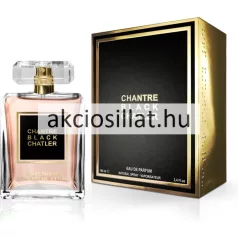 Chatler Chantre Black Woman 100ml-es női Eau de Parfum üvege és fekete-arany díszdoboza.