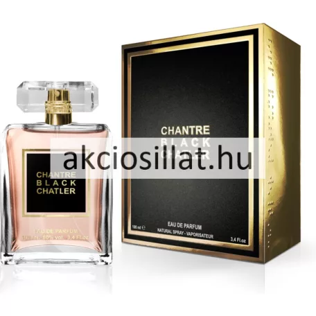 Chatler Chantre Black Woman 100ml-es női Eau de Parfum üvege és fekete-arany díszdoboza.