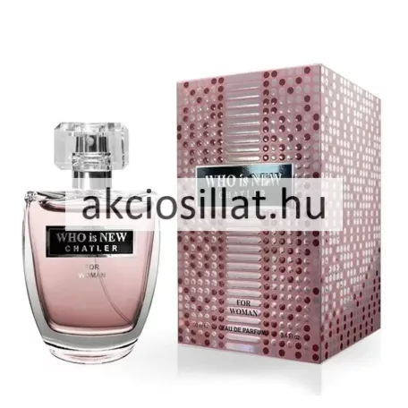 Chatler Who is New Woman 100ml-es női parfüm áttetsző íves üvegben rózsaszín színű parfümmel fekete alapon ezüst betűs logóval és szögletes átlátszó kupakkal valamint mellette egy hozzá tartozó ezüst és rózsaszín pöttyös mintájú díszdoboz