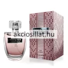 Chatler Who is New Woman 100ml-es női parfüm áttetsző íves üvegben rózsaszín színű parfümmel fekete alapon ezüst betűs logóval és szögletes átlátszó kupakkal valamint mellette egy hozzá tartozó ezüst és rózsaszín pöttyös mintájú díszdoboz