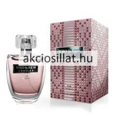 Chatler Who is New Woman 100ml-es női parfüm áttetsző íves üvegben rózsaszín színű parfümmel fekete alapon ezüst betűs logóval és szögletes átlátszó kupakkal valamint mellette egy hozzá tartozó ezüst és rózsaszín pöttyös mintájú díszdoboz