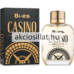 Bi-es Casino Roulette 100ml-es férfi parfüm átlátszó, lekerekített üvegflakonban, amelyben halványsárga színű parfüm látható, elején fekete betűs Bi-es Casino Roulette felirattal és egy fekete-fehér rulettkerék grafikával, tetején arany színű, barázdált fém kupakkal, mellette pedig a hozzá tartozó fekete színű díszdoboz látható arany színű mintázattal és feliratokkal