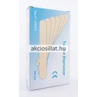 Fa spatula 100db-os kiszerelésének kék díszdoboza, rajta öt darab legyezőszerűen elrendezett, lekerekített végű fa nyelvlapocska grafikájával és CE jelzéssel.