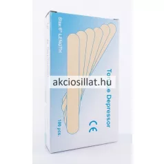 Fa spatula 100db-os kiszerelésének kék díszdoboza, rajta öt darab legyezőszerűen elrendezett, lekerekített végű fa nyelvlapocska grafikájával és CE jelzéssel.