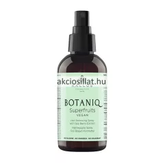 A Kallos Botaniq Superfruits Hajmegújító Spray 150ml.jpg képen a hajápoló spray sötétbarna flakonja látható fekete pumpás adagolóval és halványzöld címkéve