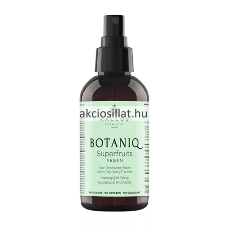 A Kallos Botaniq Superfruits Hajmegújító Spray 150ml.jpg képen a hajápoló spray sötétbarna flakonja látható fekete pumpás adagolóval és halványzöld címkéve