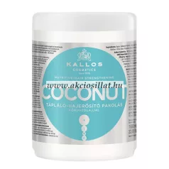 Kallos KJMN Coconut 1 literes tápláló hajerősítő pakolás kókuszolajjal nagy méretű fehér tégelyben, jellegzetes világoskék kör alakú címkével és feliratokkal.