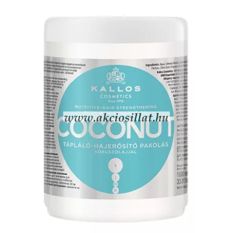 Kallos KJMN Coconut 1 literes tápláló hajerősítő pakolás kókuszolajjal nagy méretű fehér tégelyben, jellegzetes világoskék kör alakú címkével és feliratokkal.
