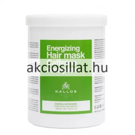 Kallos Keratin & Caffeine 1 literes hajpakolás nagy méretű fehér hengeres tégelye sötétbarna mintás felirattal és logóval.