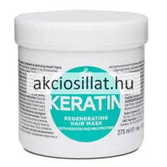 Kallos Kjmn Keratin 275ml-es regeneráló hajpakolás fehér kerek tégelyben, türkizkék mintás felirattal.