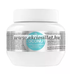 Kallos KJMN Coconut 275ml-es tápláló hajerősítő pakolás kókuszolajjal kis méretű fehér tégelyben, középen világoskék kör alakú feliratos címkével.