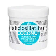 Kallos KJMN Coconut 275ml-es tápláló hajerősítő pakolás kókuszolajjal kis méretű fehér tégelyben, középen világoskék kör alakú feliratos címkével.