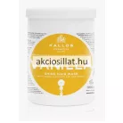 Kallos Vanilla Shine Hair Mask 1 literes hajpakolás száraz hajra nagy méretű fehér tégelyben, jellegzetes sárga kör alakú címkével és feliratokkal.